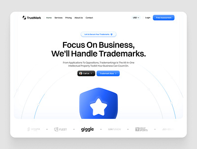 Trademarking Landing page blue busyness design hero section landing page light theme minimal modern trademark ui ux web design website white