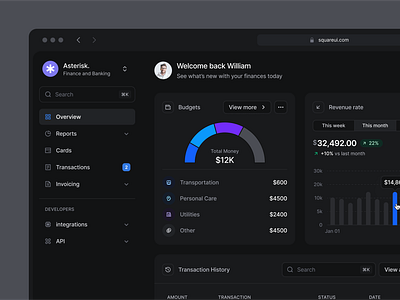 Banking Dashboard Asterisk - Dark Mode (SquareUi) banking banking app dashboard design system figma finance product design ui ux web design