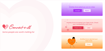 Connect-e-dil : From Pixels to Hearts accept app bouquet compatibility connect connect e dil date design graphic design heart rejection rose ui uiux valentine