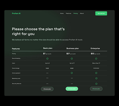 Pricing section for landing page darkmode design ui ux website