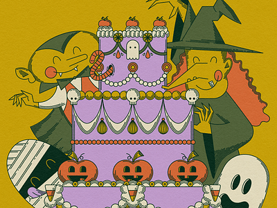 Vectober 23 // Party cake flat ghost halloween illustration line art mummy party pumpkin spooky texture vampire witch worm