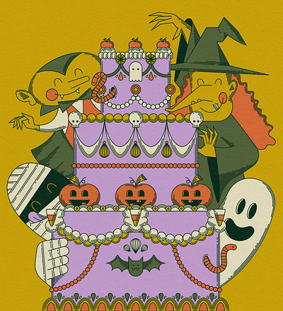 Vectober 23 // Party cake flat ghost halloween illustration line art mummy party pumpkin spooky texture vampire witch worm