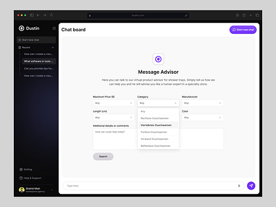 Dustin – AI Advisor Application ai advisor ai assistance ai assistant design ai chatbot ai shopping suggestion artificial intelligence chatbot product design saas shopping advisor shopping experience ui ux design virtual assistant virtual product advisor virtual shopping web app