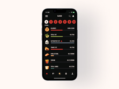 Sliced Mockup athletic app bulking calorie counter calories darkmode gym health ios nutrition nutrition tracker pizza training ui weight lifting zero