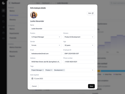 HR Management Saas Web App - Edit Employee Popup Component b2b edit employee employee employee management hr management saas hr saas web app hr tool management modal modal edit people management popup product design saas saas component saas hr management saas product ui component uiux web app