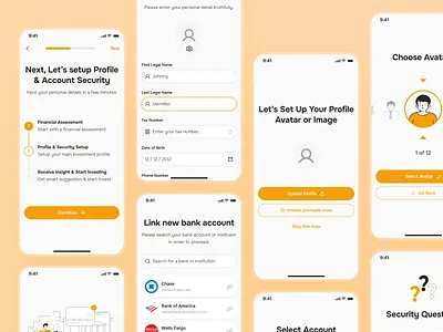 midasmind: AI Investing Roboadvisor App - Profile Setup Creation account setup ai finance app clean finance app finance ui kit investing app investing ui kit investment app investment ui kit minimal modern onboarding onboarding ui orange profile creation ui profile setup robo advisor app roboadvisor app simple yellow