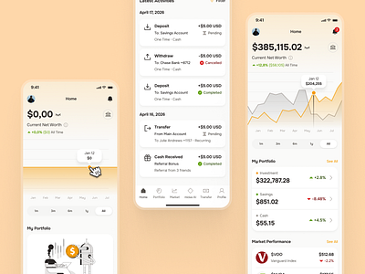 midasmind: AI Investing Roboadvisor App - Home & Portfolio UIUX activity screen ai finance app ai investing app clean finance app finance chart finance dashboard finance ui kit home screen investing app investing ui kit investment app minimal modern orange robo advisor app roboadvisor app simple transaction ui yellow