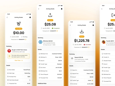 midasmind: AI Investing Roboadvisor App - Transaction Activity activity ui clean figma ui kit finance app finance ui kit investing app investing ui kit minimal modern orange robo advisor app roboadvisor app roboadvisor ui simple transaction app transaction detail transaction ui transfer details transfer ui yellow