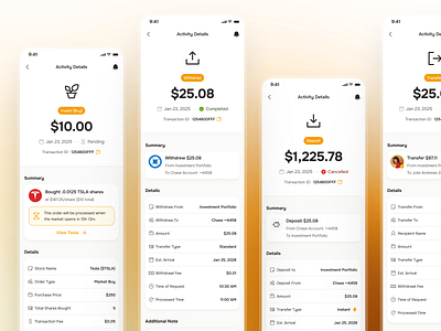 midasmind: AI Investing Roboadvisor App - Transaction Activity activity ui clean figma ui kit finance app finance ui kit investing app investing ui kit minimal modern orange robo advisor app roboadvisor app roboadvisor ui simple transaction app transaction detail transaction ui transfer details transfer ui yellow