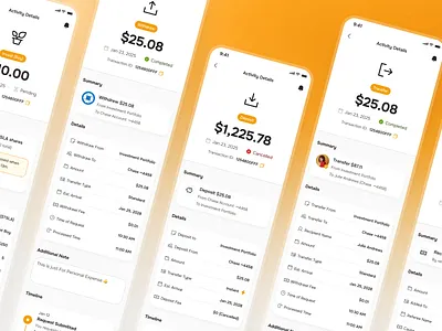 midasmind: AI Investing Roboadvisor App - Transaction Activity clean deposit ui finance app finance ui kit investing app investing ui kit investment app minimal modern orange robo advisor app roboadvisor app simple transaction app transaction details transaction ui transfer details transfer ui withdraw ui yellow