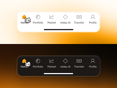 midasmind: AI Investing Roboadvisor App - Tab Bar Component UIUX clean dark mode finance ui kit graident investing app investing ui kit investment app minimal modern orange robo advisor app roboadvisor app simple soft tab bar tab bar component tab bar ui tab component tab ui yellow