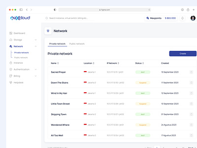 Maxcloud - Web App Saas Private Network cloud storage design detail figma interface design location maxcloud network page private network profile saas software as a service table table list ui uiux user experience user interface ux webdesign