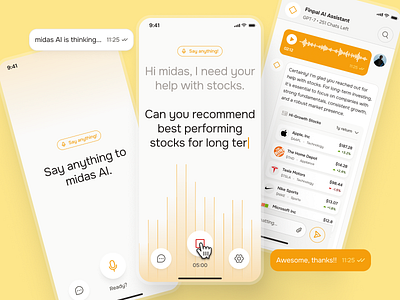 midasmind: AI Investing Roboadvisor App - Finance Assistant UIUX ai roboadvidor app chat ui chatbot ui clean finance companion finance companion app finance ui kit investing app investing companion investing ui kit investment app minimal modern orange robo advisor app roboadvisor app simple voice recording ui voice ui yellow