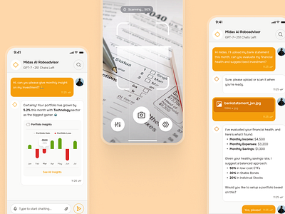 midasmind: AI Investing Roboadvisor App - Finance Assistant ai finance app ai roboadvisor app bar chart camera scan ui clean finance app finance assistant finance companion app finance ui kit investing app investing ui kit investment app minimal modern orange robo advisor app roboadvisor app simple soft yellow