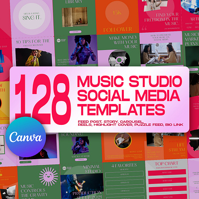 128 Music Studio Social Media Templates canva template graphic design instagram feed instagram post instagram post template instagram stories template instagram template music artist music producers music studio social media banner social media kit social media pack social media templates