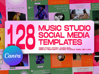 128 Music Studio Social Media Templates canva template graphic design instagram feed instagram post instagram post template instagram stories template instagram template music artist music producers music studio social media banner social media kit social media pack social media templates