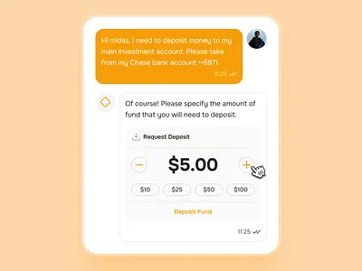 midasmind: AI Investing Roboadvisor App - Deposit Money UIUX ai roboadvisor app chat bubble chatbot ui clean deposit fund deposit ui finace chatbot finance app finance assistant app finance companion app finance ui kit investing ui kit investment app minimal modern orange robo advisor app roboadvisor app simple yellow