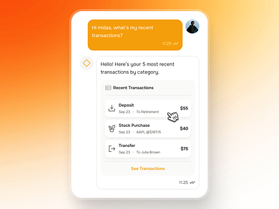 midasmind: AI Investing Roboadvisor App - Recent Transactions chat bubble chat ui chatbot ui clean finance chatbot finance companion app gradient investing app investing assistant investing ui kit investment app minimal modern orange recent transactions robo advisor app roboadvisor app simple soft yellow