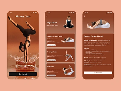 Fitness Club App UI Design animation bow pose dhanurasana fitness gym paschimottanasana seated forward bend triangle pose trikonasana ui ui design uiux user interface yoga