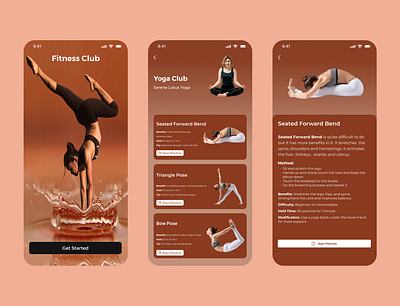 Fitness Club App UI Design animation bow pose dhanurasana fitness gym paschimottanasana seated forward bend triangle pose trikonasana ui ui design uiux user interface yoga