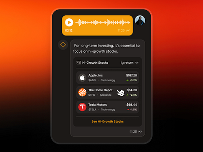 midasmind: AI Investing Roboadvisor App - Stock Recommendation ai investing app clean dark mode finance ui kit gradient investing app investing ui kit investment app minimal modern orange robo advisor app robo advisor ui roboadvisor app simple sound ui stock app stock market app stock market ui voice ui