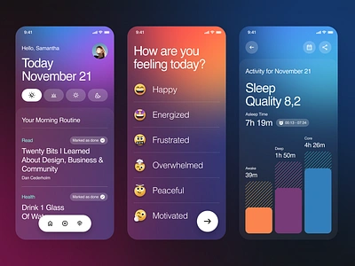 Habit Tracker App Exploration branding calendar charts clean design emoticon emotion feeling glassmorphism gradient illustration management schedule stats task typography ui ux website whitespace