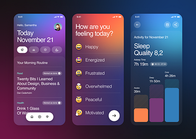 Habit Tracker App Exploration branding calendar charts clean design emoticon emotion feeling glassmorphism gradient illustration management schedule stats task typography ui ux website whitespace