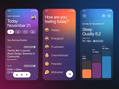 Habit Tracker App Exploration branding calendar charts clean design emoticon emotion feeling glassmorphism gradient illustration management schedule stats task typography ui ux website whitespace