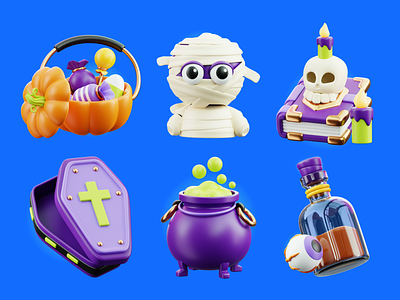 Halloween Asset - 3D 🧟 3d 3d illustration branding character design coffin design design asset free assets halloween iconscout illustration magic magic potion mummy pumpkin trick and treat ui