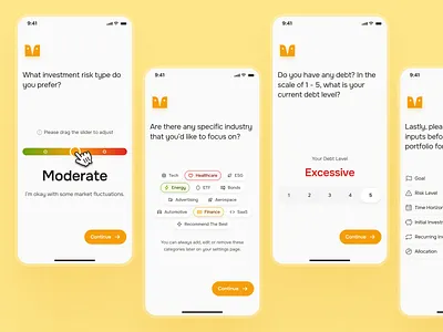 midasmind: AI Investing Roboadvisor App - Risk Assessment UIUX ai investing app assessment ui clean figma ui kit finance app finance assessment finance ui kit investing app investing ui kit investment app minimal modern orange risk assessment robo advisor app roboadvisor app simple smart finance smart investing yellow