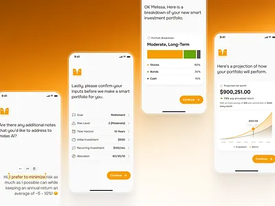 midasmind: AI Investing Roboadvisor App - Risk Assessment UIUX chart ui clean finance app finance ui kit gradient investing app investing portfolio investing ui investing ui kit investment app investment portfolio minimal modern orange risk assessment ui robo advisor app roboadvisor app roboadvisor ui simple soft