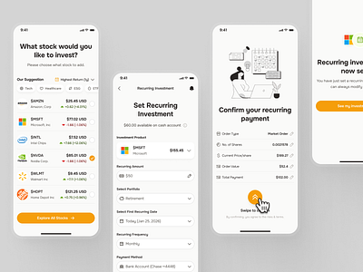 midasmind: AI Investing Roboadvisor App - Explore Stock Market buy stock ui clean finance ui kit investing app investing ui kit investment app minimal orange recurring payment recurring payment ui robo advisor app roboadvisor roboadvisor app stock app stock details stock market app stock market ui stock purchase trading app yellow