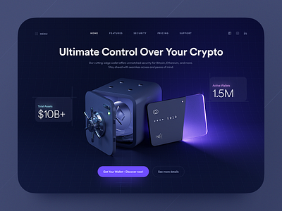 Crypto Wallet - Hero Section 3d bank bitcoin blockchain app card coin crypto decentralized finance defi design finance fintech interface money safe ui ux wallet web web3