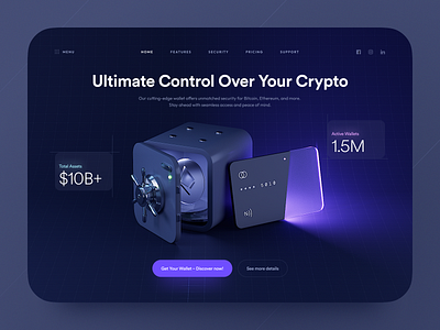 Crypto Wallet - Hero Section 3d bank bitcoin blockchain app card coin crypto decentralized finance defi design finance fintech interface money safe ui ux wallet web web3