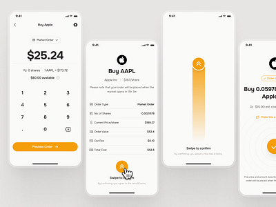 midasmind: AI Investing App - Stock Purchase Market Order UIUX buy stock ui clean investing app investing ui kit investment app minimal modern numpad ui orange roboadvisor app simple stock app stock details stock market app stock market details stock purchase stock ui swipe to confirm swipe ui swipe up ui
