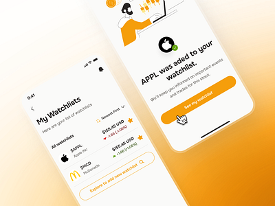 midasmind: AI Investing Roboadvisor App - Stock Market Watchlist clean gradient investing app investment app market watchlist minimal modern orange roboadvisor app simple soft stock app stock details stock market app stock market watchlist stock ui stock watachlist watchlist watchlist ui yellow