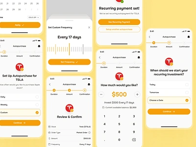 midasmind: AI Investing Roboadvisor App - Recurring Payment UIUX autopayment autotransfer clean finance ui kit investing app investing ui kit investment app minimal modern orange recurring investment recurring payment recurring purchase recurring ui robo advisor app roboadvisor app simple stock market app stock purchase yellow