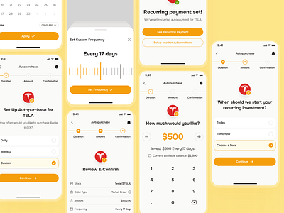 midasmind: AI Investing Roboadvisor App - Recurring Payment UIUX autopayment autotransfer clean finance ui kit investing app investing ui kit investment app minimal modern orange recurring investment recurring payment recurring purchase recurring ui robo advisor app roboadvisor app simple stock market app stock purchase yellow