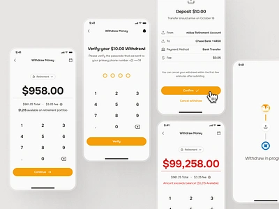 midasmind: AI Investing Roboadvisor App - Withdraw Money Flow UI ai finance app clean finance ui kit investing app investing ui kit investment app minimal modern number input ui numpad ui orange passcode ui robo advisor app roboadvisor app simple withdraw fund withdraw investment withdraw money withdraw ui yellow