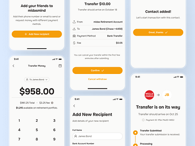 midasmind: AI Investing Roboadvisor App - Transfer Money Flow UI blue clean finance ui kit investing app investing ui kit investment app minimal modern number input orange portfolio app robo advisor app roboadvisor app simple text input transaction ui transfer fund transfer investment transfer money transfer ui