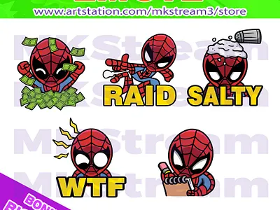 Emotes Chibi Spiderman rich, raid, salty, wtf & note pack animated emotes anime cute design discord emote emotes illustration money note raid salty spideman emotes spiderman spiderman chibi spiderman emoji spiderman stickers sub badge twitch emotes wtf