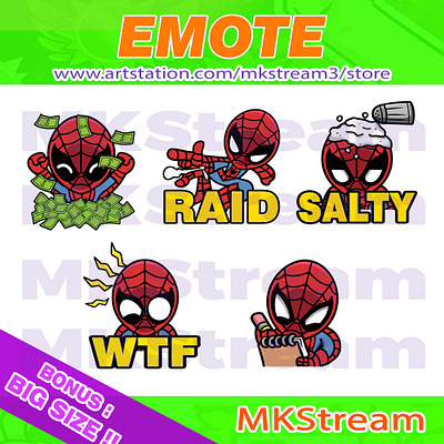 Emotes Chibi Spiderman rich, raid, salty, wtf & note pack animated emotes anime cute design discord emote emotes illustration money note raid salty spideman emotes spiderman spiderman chibi spiderman emoji spiderman stickers sub badge twitch emotes wtf