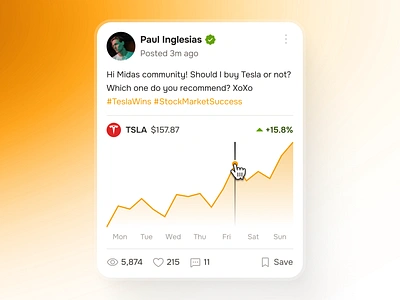 midasmind: AI Investing Roboadvisor App - Community User Post UI chart ui clean community post community ui finance chart gradient investing app investing ui kit investment app line chart minimal modern orange roboadvisor app simple stock market app stock market chart stock market ui user post yellow