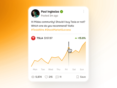 midasmind: AI Investing Roboadvisor App - Community User Post UI chart ui clean community post community ui finance chart gradient investing app investing ui kit investment app line chart minimal modern orange roboadvisor app simple stock market app stock market chart stock market ui user post yellow