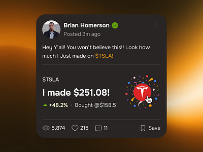 midasmind: AI Investing Roboadvisor App - Stock Bragging Post UI bragging bragging ui clean community post community ui dark mode finance app finance ui kit gradient investing app investing ui kit investment app minimal modern orange robo advisor app roboadvisor app simple user post yellow