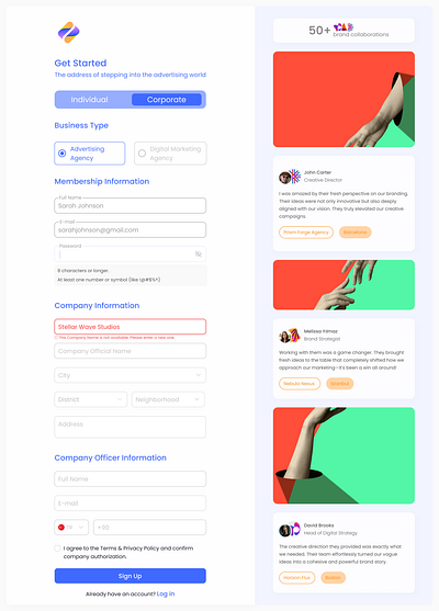 Sign Up Web - Business Account account brand branding create account error input form hover input input state login minimalist modern password input references sign in sign up testimonials ui website website design