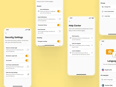 midasmind: AI Investing Roboadvisor App - Profile Settings UIUX account settings clean investing app investing ui kit investment app minimal modern notification setting profile settings roboadvisor app security setting setting screen setting ui settings settings ui simple soft user setting user settings yellow