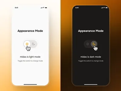 midasmind: AI Investing Roboadvisor App - Light/Dark Mode Toggle appearance ui clean dark mode dark mode toggle dark mode ui finance app gradient investing app investment app light mode minimal modern orange robo advisor app roboadvisor app simple switch ui toggle component toggle ui yellow