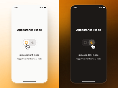 midasmind: AI Investing Roboadvisor App - Light/Dark Mode Toggle appearance ui clean dark mode dark mode toggle dark mode ui finance app gradient investing app investment app light mode minimal modern orange robo advisor app roboadvisor app simple switch ui toggle component toggle ui yellow
