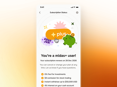midasmind: AI Investing Roboadvisor App - Subscription Status UI clean finance ui kit go pro go pro ui gradient investing app investing ui kit investment app minimal modern orange robo advisor app roboadvisor app simple soft subscription ui subscription status subscription ui upsell ui yellow